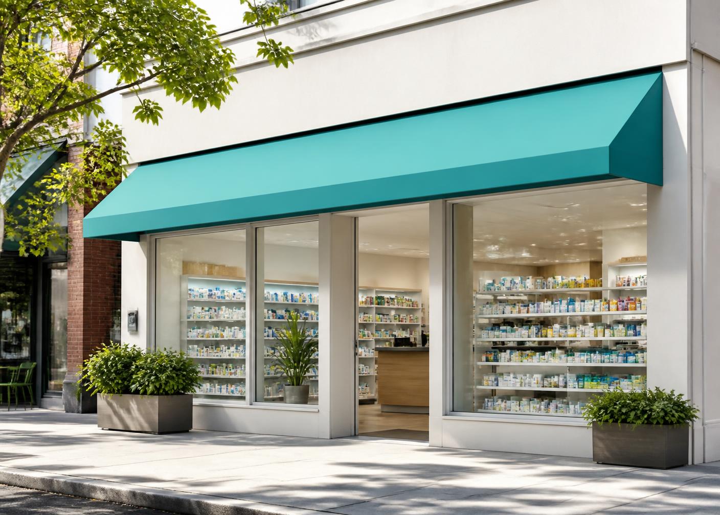 The MedSync Pharmacy storefront with a teal awning on Elmwood Avenue